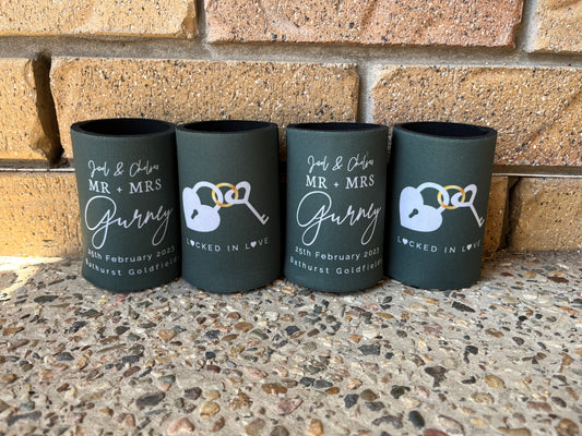 Wedding Stubby Holders - Mr & Mrs - Locked in Love with key and love