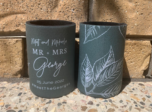 Wedding Stubby Holders - Mr & Mrs - with Leaves - Thank you for celebrating with us