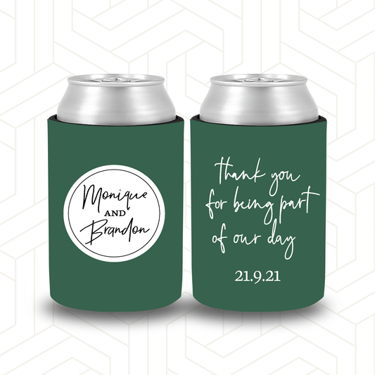 WS008 | Wedding Stubby Holder - white circle with border - thank you being part of our day