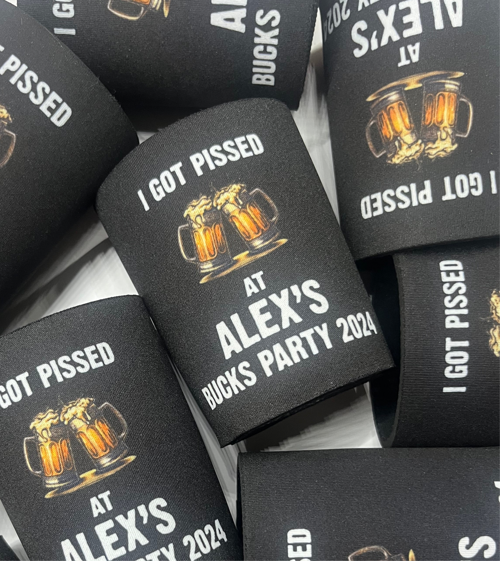 Personalised Bucks Stubby Holder I Got Pissed at Name's Bucks