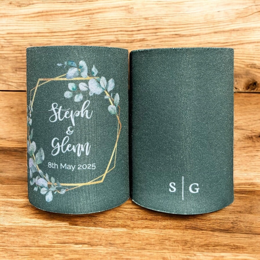 Wedding Stubby Holders - Hexagon Eucalypus Wreath -