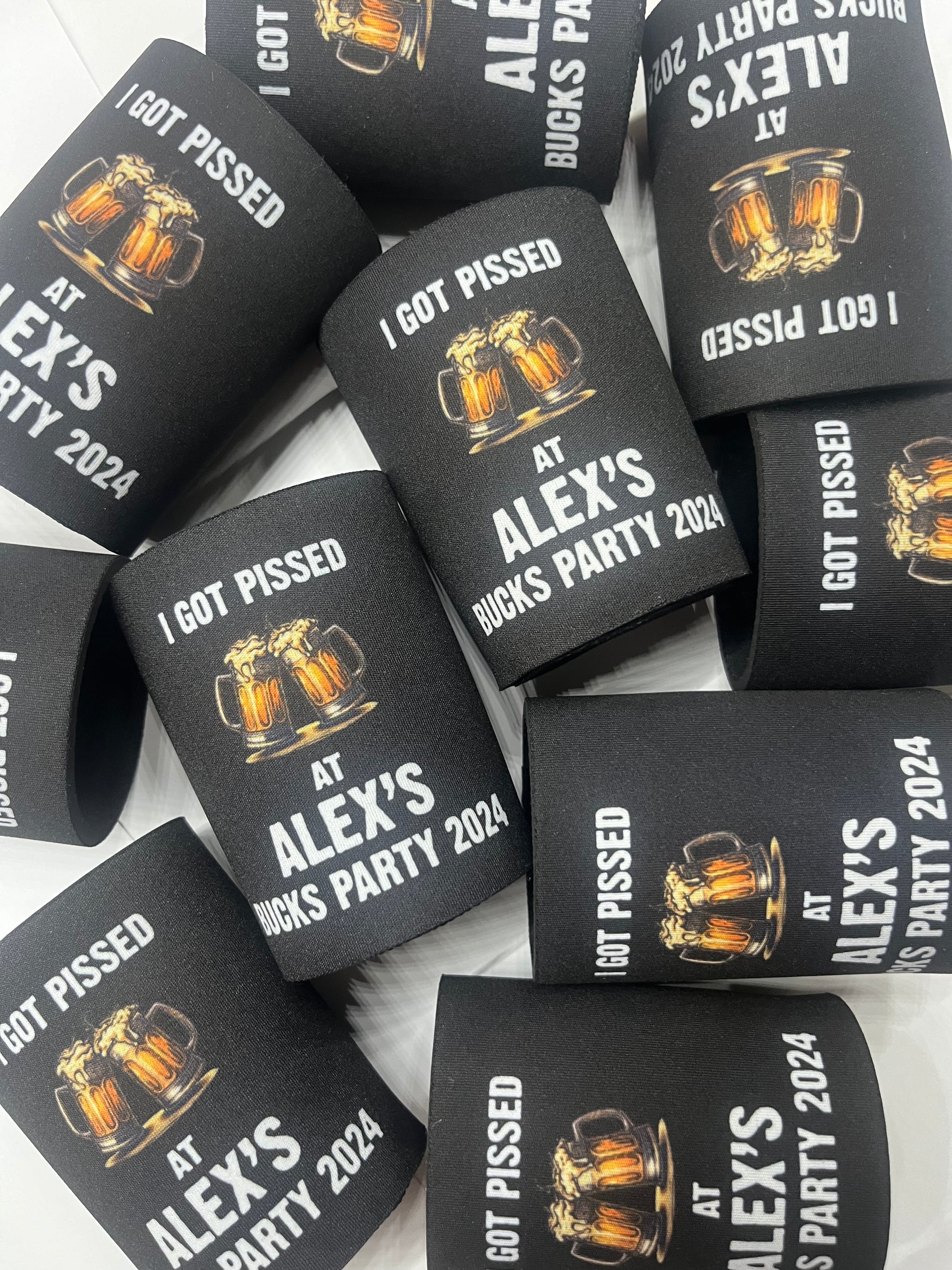 Personalised Bucks Stubby Holder I Got Pissed at Name's Bucks