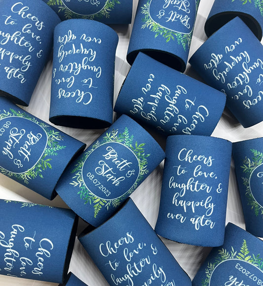 Wedding Stubby Holders - Green Wreath - Cheers to Love