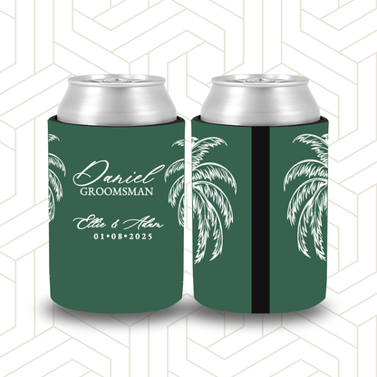 BR001 | Personalised Bridal Party Stubby Holders – Custom Wedding Favour | Palm Trees