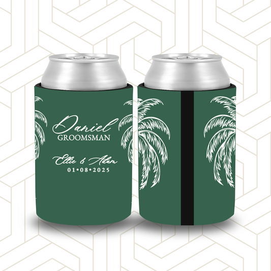 BR001 | Personalised Bridal Party Stubby Holders – Custom Wedding Favour | Palm Trees
