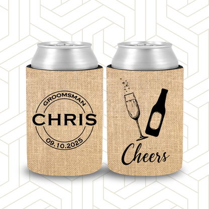 BR028 | Personalised Burlap Bridal Party Stubby Holders | Custom Gifts for Best Man, Groomsman, Groom