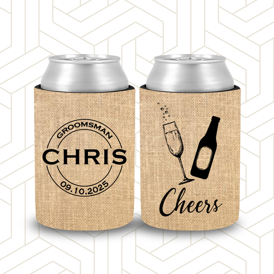 BR028 | Personalised Burlap Bridal Party Stubby Holders | Custom Gifts for Best Man, Groomsman, Groom