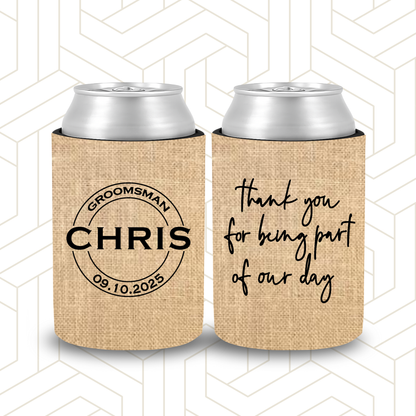 BR035 | Personalised Burlap Bridal Party Stubby Holders | Custom Gifts for Best Man, Groomsman, Groom