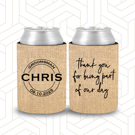 BR035 | Personalised Burlap Bridal Party Stubby Holders | Custom Gifts for Best Man, Groomsman, Groom