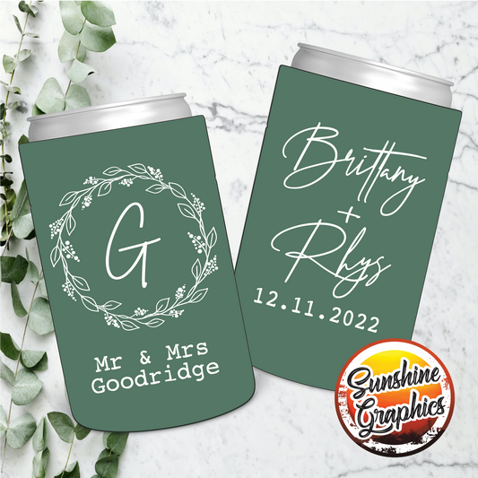 Wedding Stubby Holders - Wreath with Names and Initial