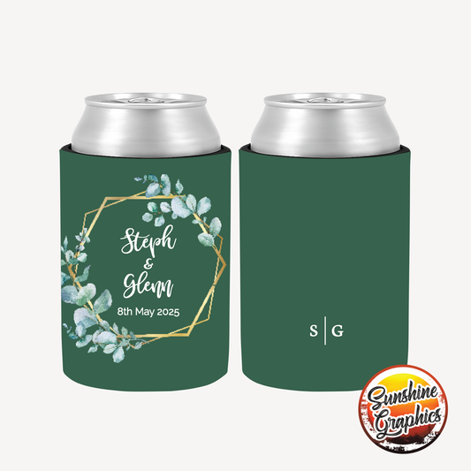 WS006 | Wedding Stubby Holders - Hexagon Eucalypus Wreath