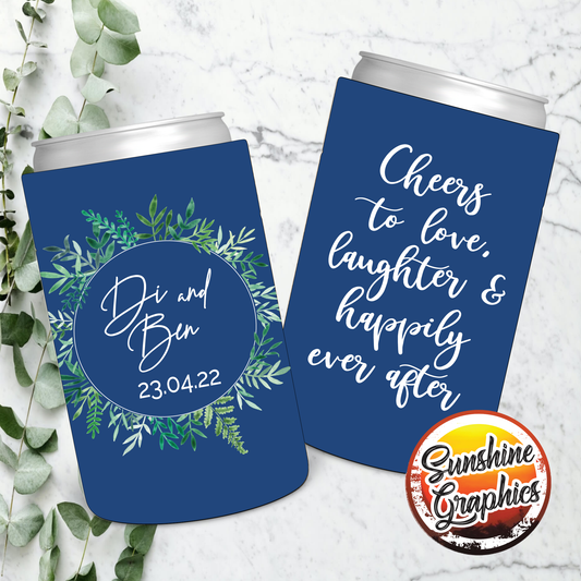 Wedding Stubby Holders - Green Wreath - Cheers to Love