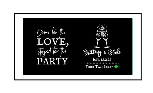 Custom Wedding Stubby Holder  - Come for the Love - Champagne Glasses
