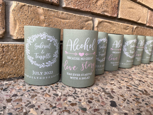 Wedding Stubby Holders- Pale Green- Alcohol, Love Story