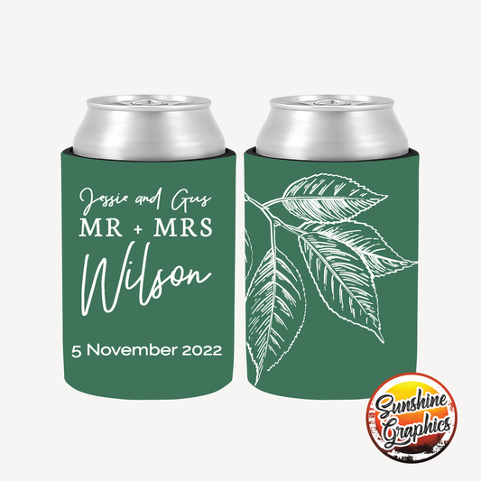 Wedding Stubby Holders - Mr & Mrs with Leaves Stylish