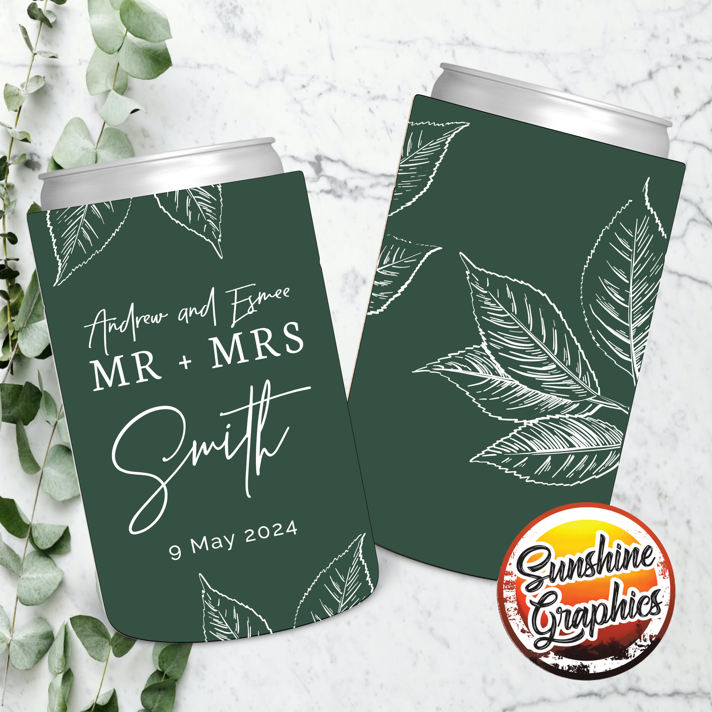 Wedding Stubby Holders - Mr & Mrs with Leaves Stylish