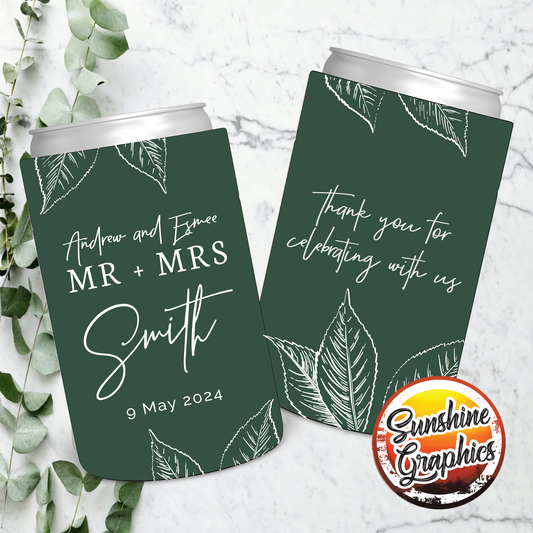 Wedding Stubby Holders - Mr & Mrs - with Leaves - Thank you for celebrating with us