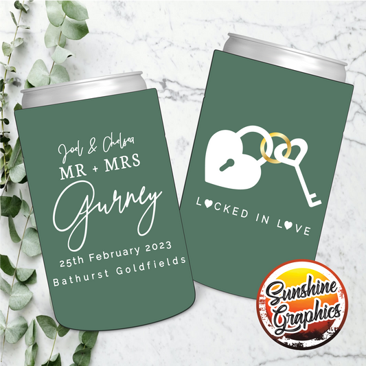 Wedding Stubby Holders - Mr & Mrs - Locked in Love with key and love