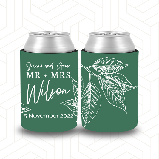 WS001 | Wedding Stubby Holders - Mr & Mrs - with Leaves - Thank you for celebrating with us