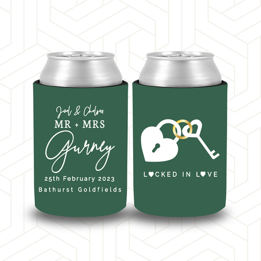 WS004 | Wedding Stubby Holders - Mr & Mrs - Locked in Love with key and love