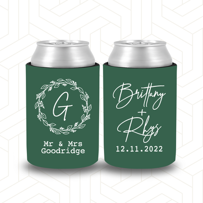 WS007 | Wedding Stubby Holders - Wreath with Names and Initial