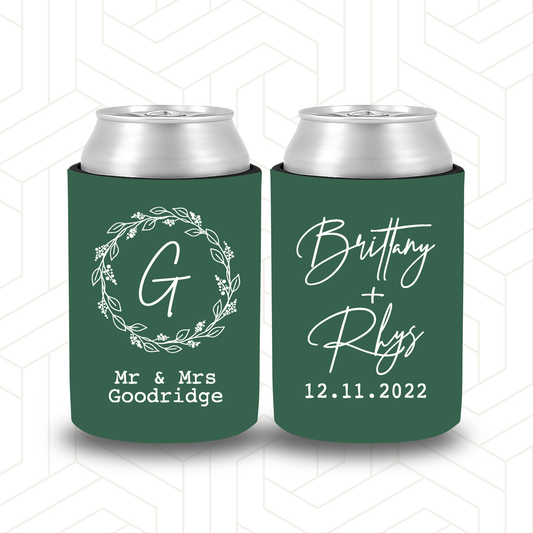 WS007 | Wedding Stubby Holders - Wreath with Names and Initial
