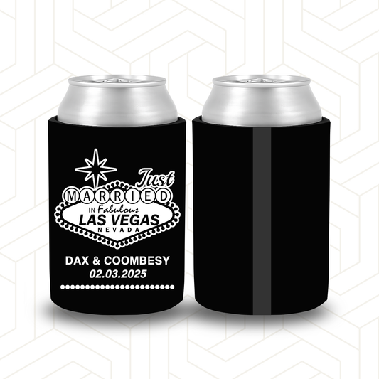 WS013 | Personalised “Just Married in Vegas” Wedding Stubby Holders — Custom Name & Date | Can Cooler Favour | Vegas Sign