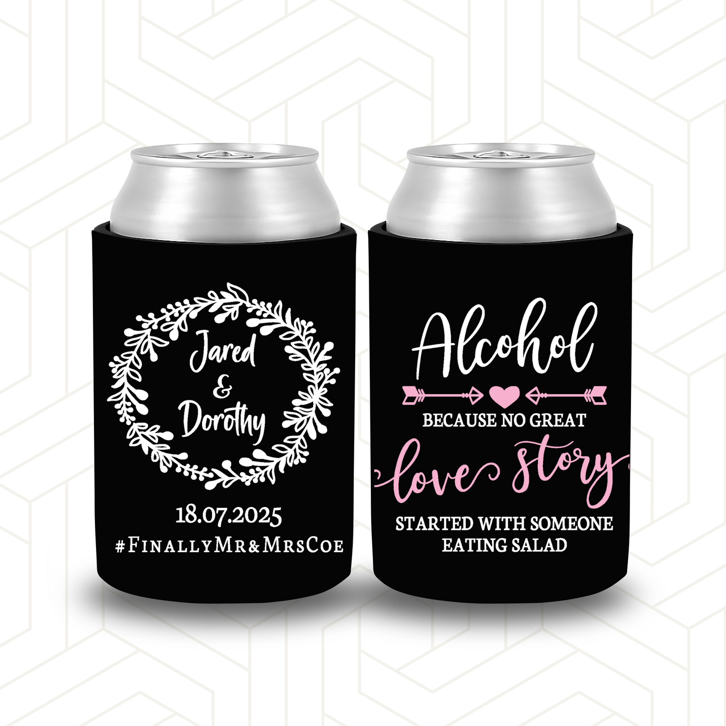 WS016 | Wedding Stubby Holder - Pink and white Alcohol Love Story with wreath