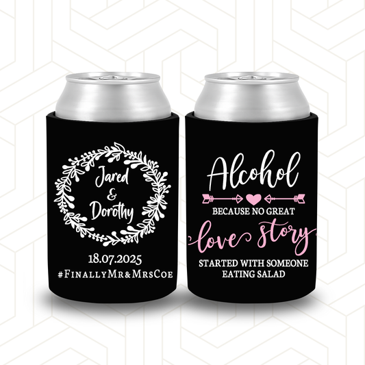 WS016 | Wedding Stubby Holder - Pink and white Alcohol Love Story with wreath