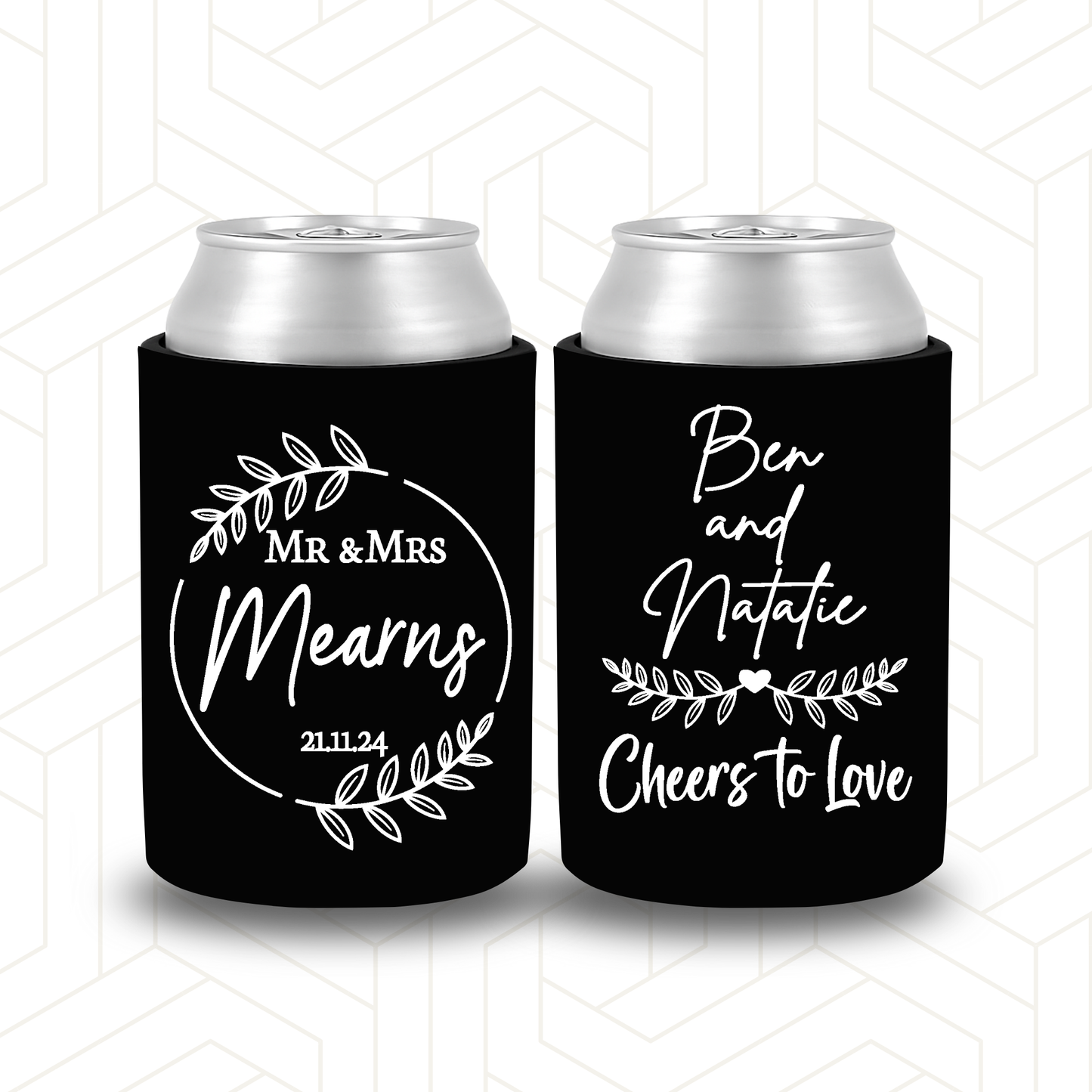 WS017 | Personalised “Cheers to Love” Wedding Stubby Holder — Custom Name & Date | Wreath Can Cooler
