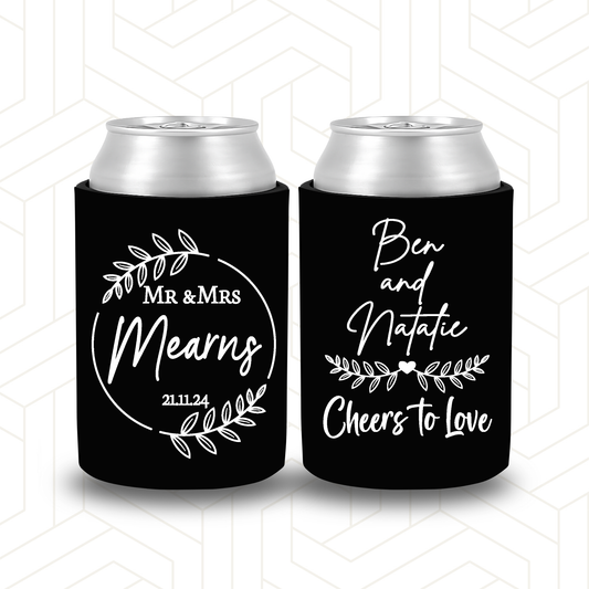 WS017 | Personalised “Cheers to Love” Wedding Stubby Holder — Custom Name & Date | Wreath Can Cooler