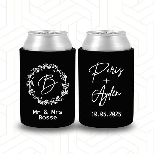WS018 | Personalised Wedding Stubby Holder - Script Initial in Wreath with Cursive Names