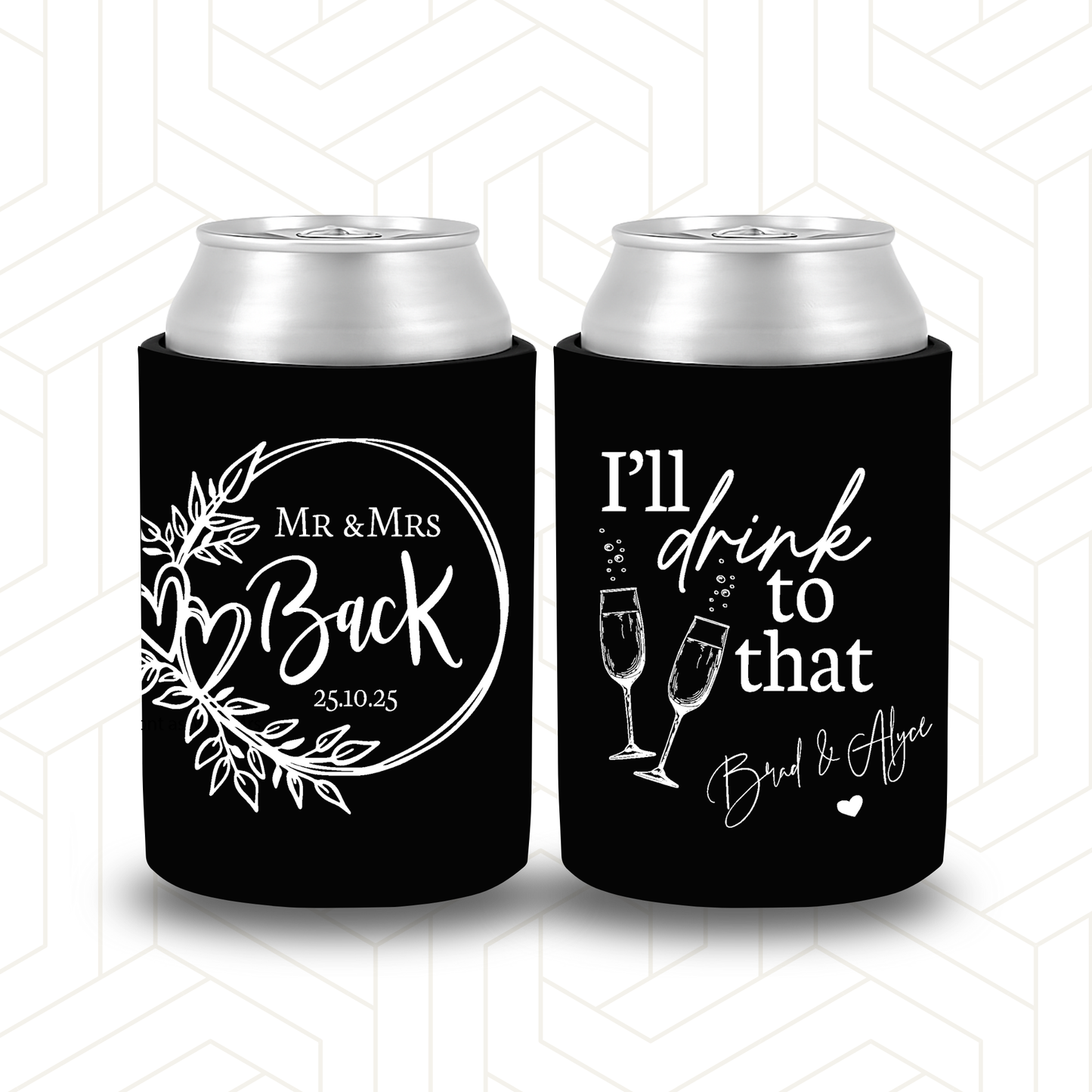 WS019 | Wedding Stubby Holder - Love Heart Wreath with Surname | I’ll Drink to That with Champagne Glasses