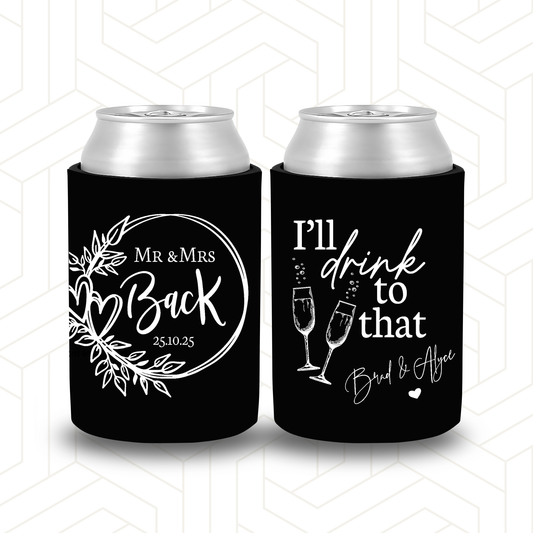 WS019 | Wedding Stubby Holder - Love Heart Wreath with Surname | I’ll Drink to That with Champagne Glasses