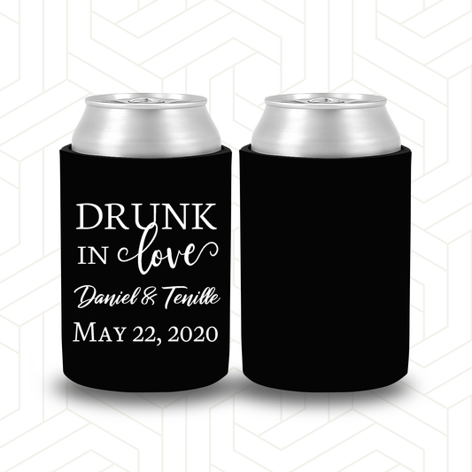 WS020 | Personalised “Drunk in Love” Stubby Holder — Custom Name & Date | Wedding Can Cooler