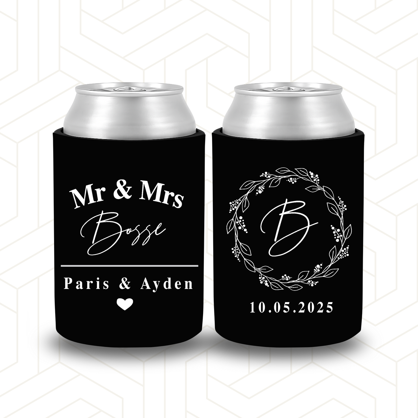 WS021 | Wedding Stubby Holder - Mr & Mrs Surname with Wreath and Initial