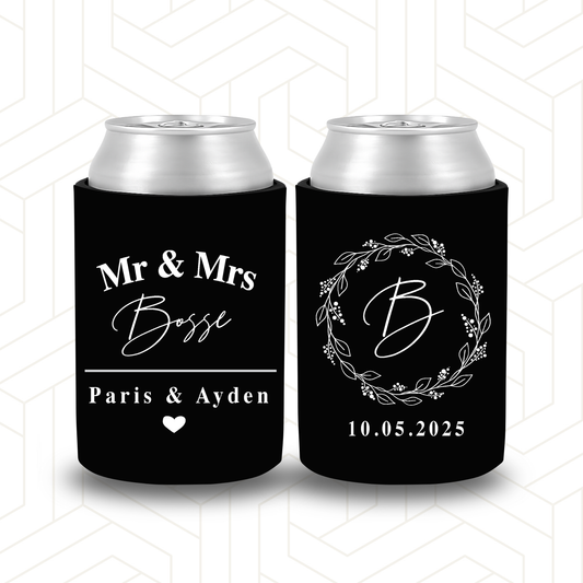 WS021 | Wedding Stubby Holder - Mr & Mrs Surname with Wreath and Initial