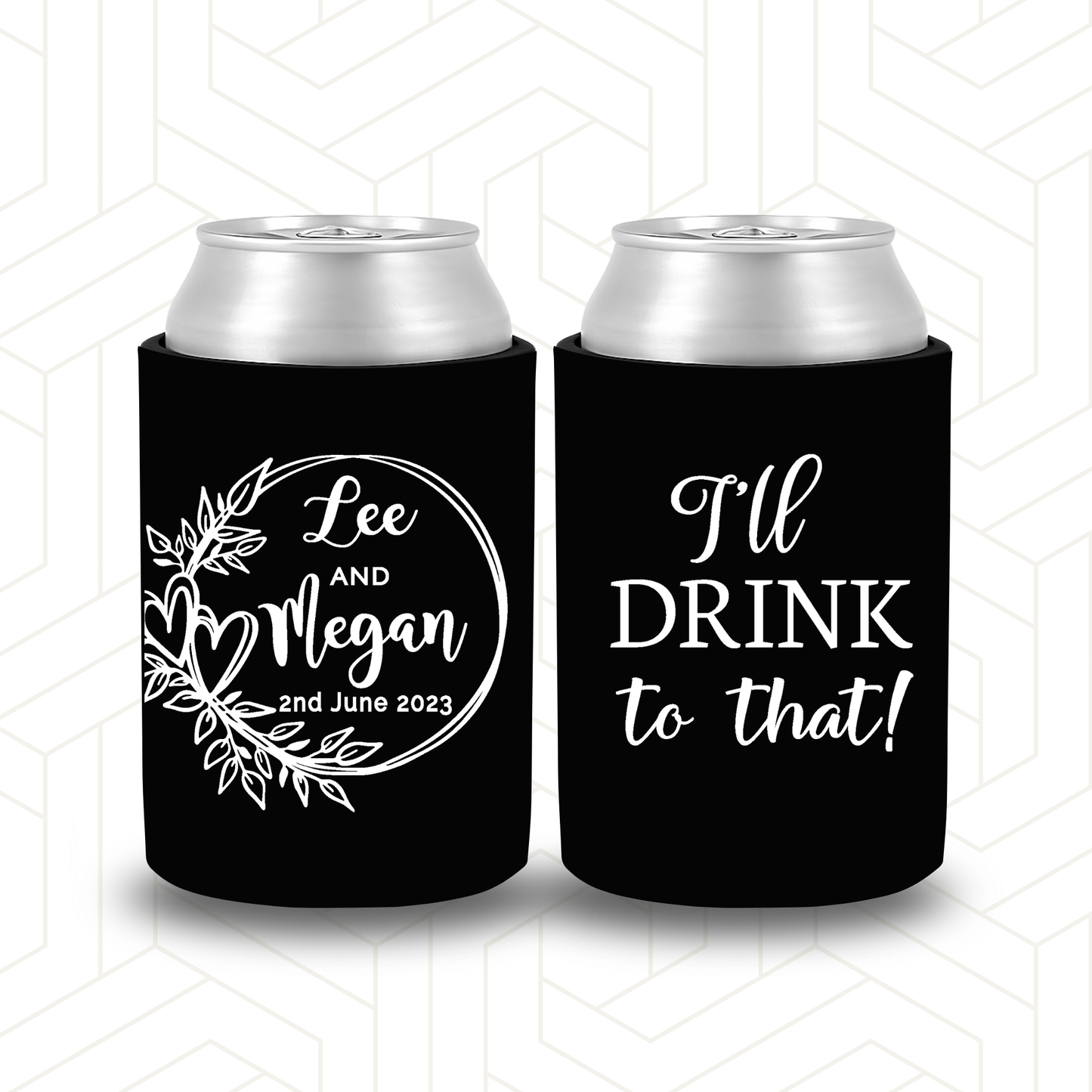 WS022 | Personalised Wedding Stubby Holder - Love Heart Wreath with Names | I’ll Drink to That