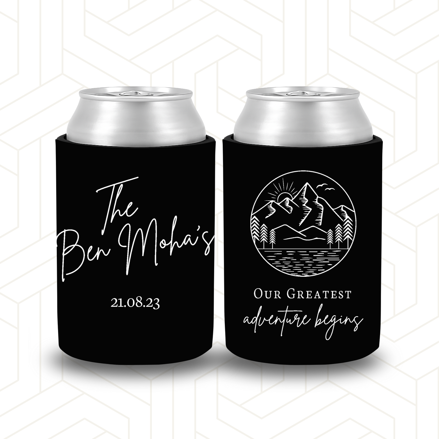 WS023 | Personalised “Our Greatest Adventure” Stubby Holder — Custom Name & Date | Wedding & Engagement Can Cooler