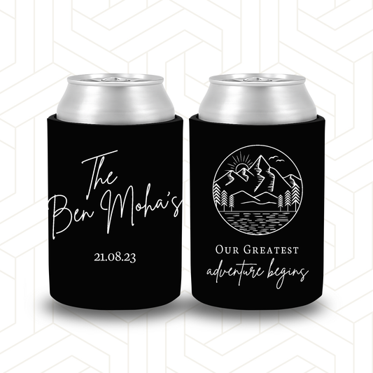 WS023 | Personalised “Our Greatest Adventure” Stubby Holder — Custom Name & Date | Wedding & Engagement Can Cooler