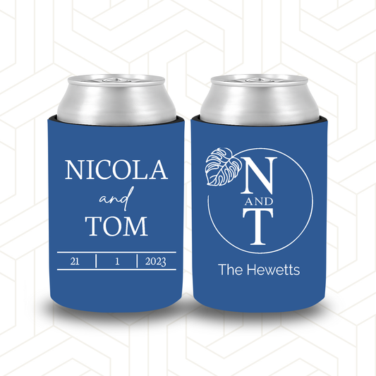 WS026 | Personalised Stubby Holder — Custom Name & Date | Wedding & Engagement Can Cooler | Large Leaf Wreath with Initials