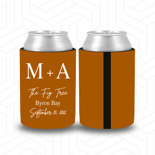 WS0037 | Perosnalised Wedding Stubby Holders - Initials in Upper Case with location in Cursive