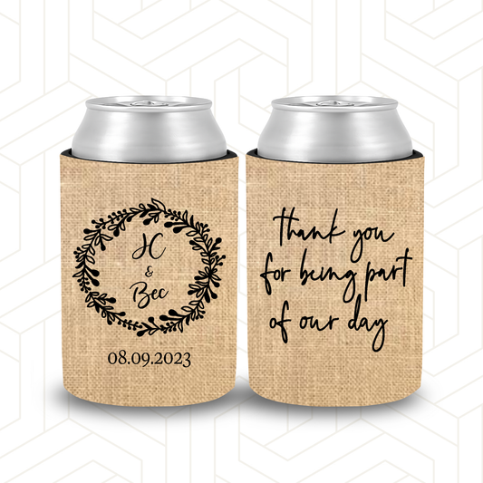 WS038 | Personalised Burlap Wedding Stubby Holders - "Thank you for being part of our day"