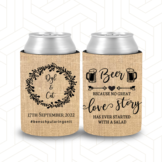 WS040 | Personalised “Beer and Love Story” Stubby Holder — Custom Name & Date | Wedding & Anniversary Can Cooler
