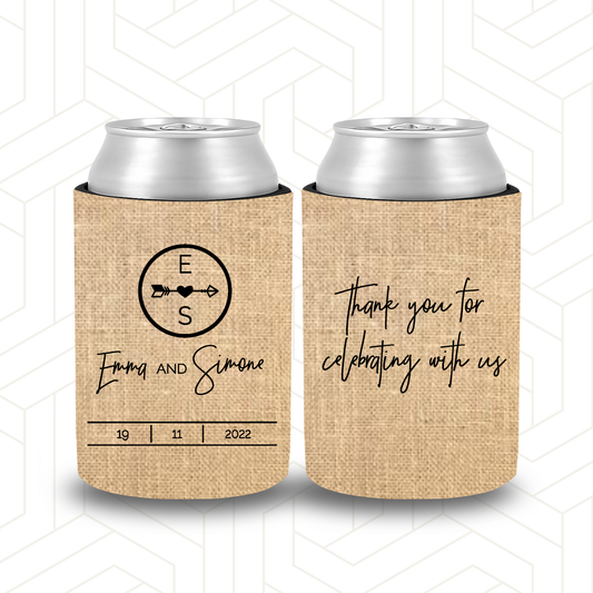 WS047 | Personalised Burlap Wedding Stubby Holders with Compass / Arrow - "Thank you for being part of our day" (Copy)