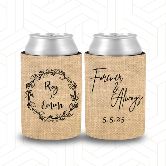 WS051 | Personalised “Forever and Always” Wedding Stubby Holders — Burlap Design | Custom Name & Date | Can Cooler Favour