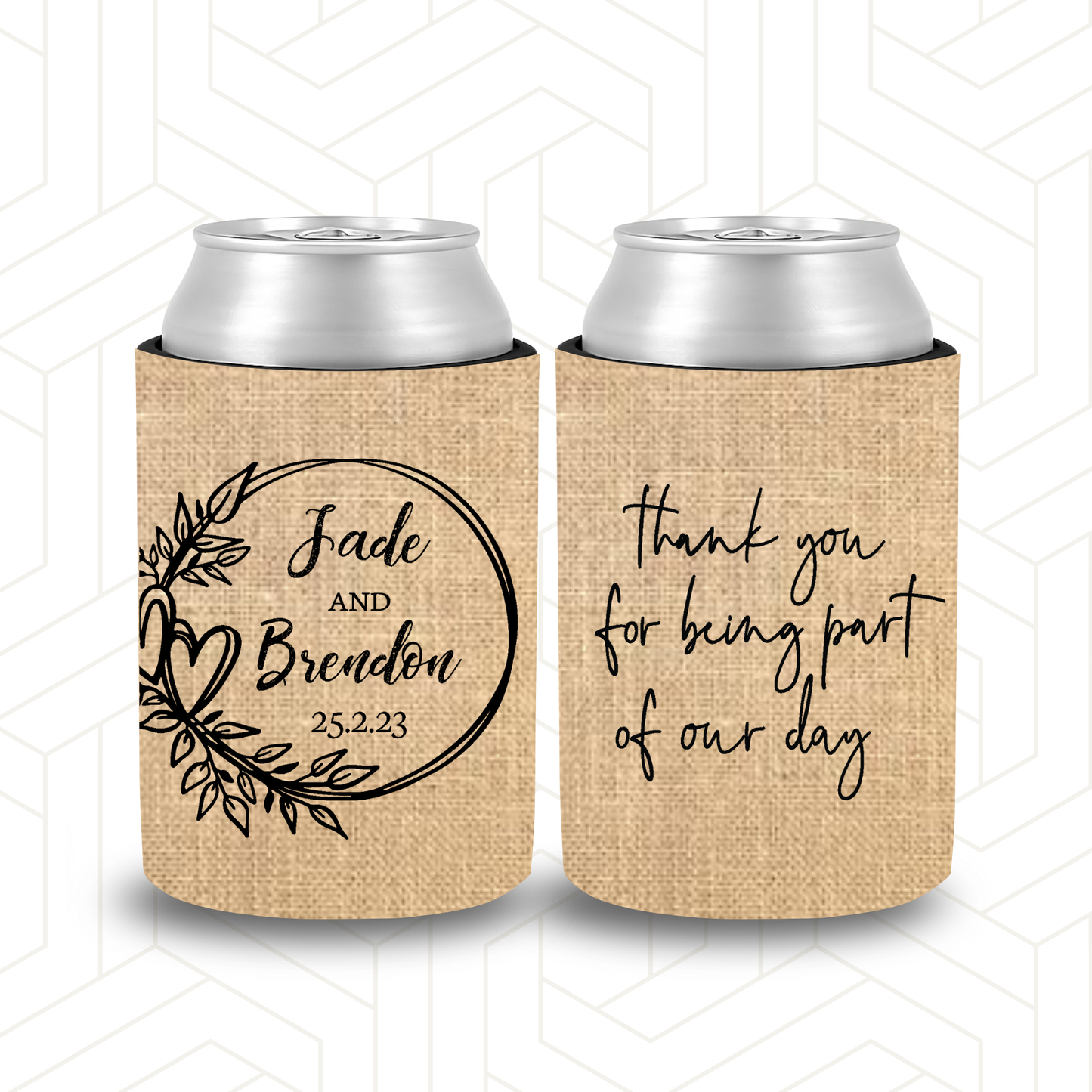 WS052 | Personalised Burlap Wedding Stubby Holders Wreath Love Heart "Thank you for being a part of our day"