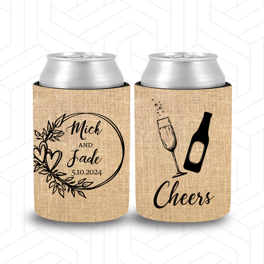 WS054 | Personalised “Cheers” Wedding Stubby Holders — Wreath Design with Bottle & Glass | Custom Name & Date | Can Cooler Favour