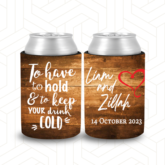 WS055 | Personalised “Cheers to Many Years, Cold Beers” Stubby Holder — Wood Theme Background | Wedding & Anniversary Can Cooler