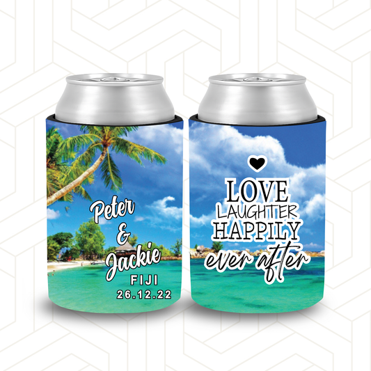 WS057 | Personalised “Love, Laughter & Happily Ever After” Stubby Holder — Beach Holiday Theme | Custom Name & Date | Wedding & Party Can Cooler